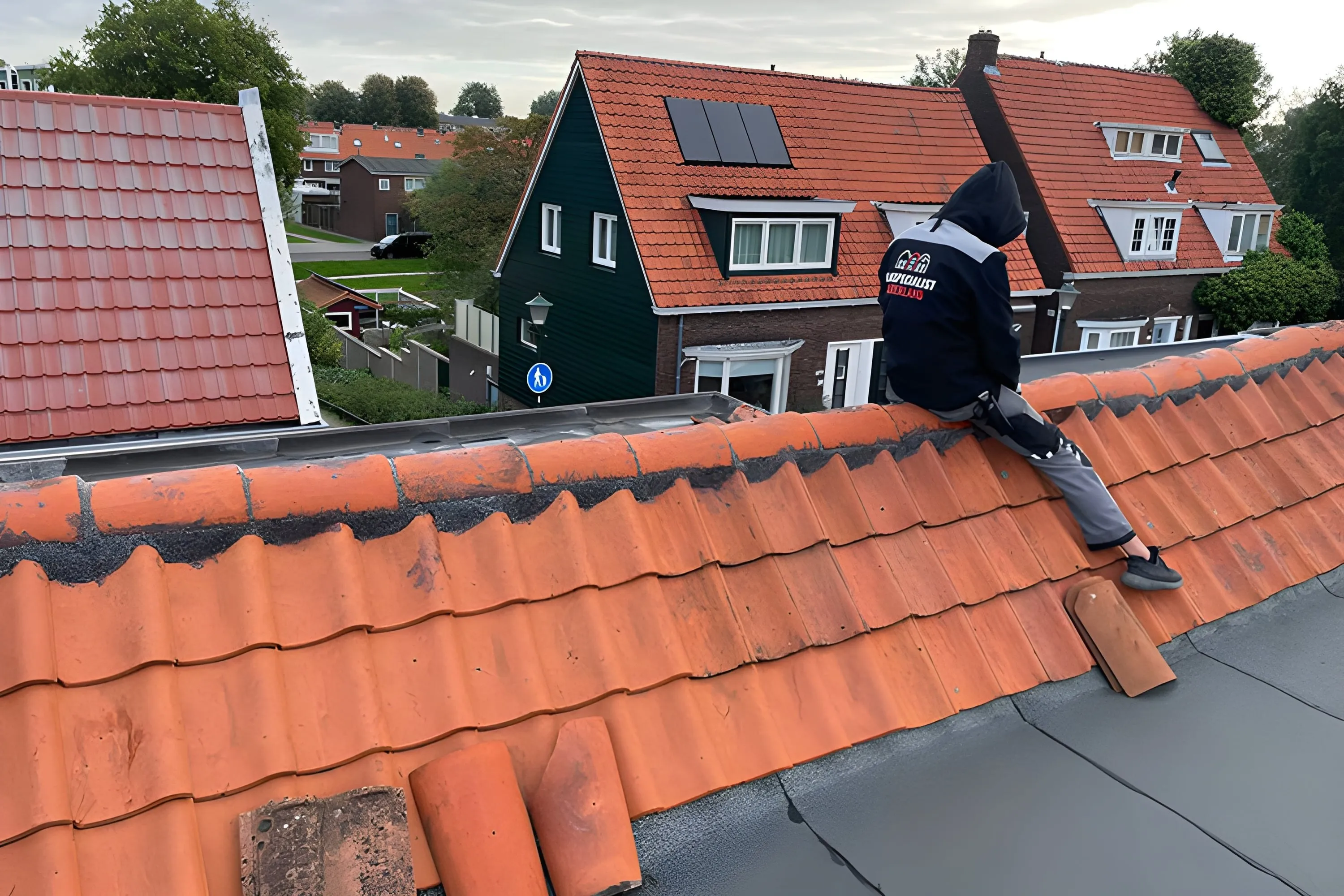 Dakdekker van DSN zet nokvorsten vast op een pannendak met rode dakpannen